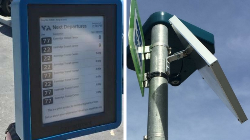 VTA Photo: Digital Bus Stop unit mounted with a solar panel at a VTA bus stop in San José